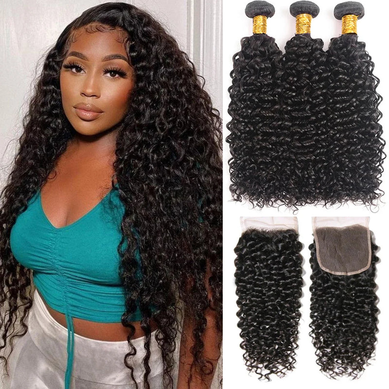 Brazillian Kinky Curly Human Hair Bundles With Frontal 13x4 Water Wave Hair Weave Bundles with Closure Remy Hair Extensions